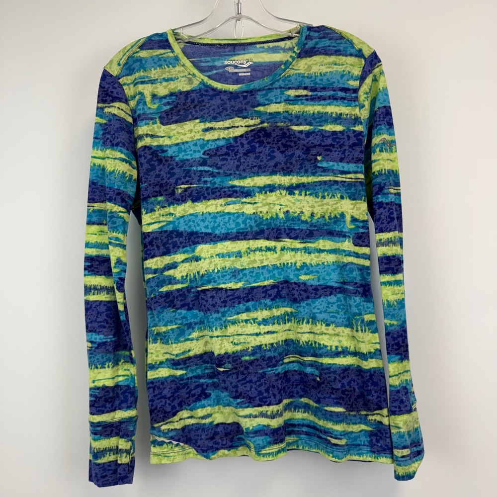 Saucony‎ Womens Large Blue Lime Green Abstract Stripe Long Sleeve Running Top L